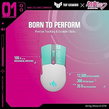 ASUS TUF Gaming Hatsune Miku Edition Mini Wireless Mouse – Right-Handed, 65g Lightweight, Compact, Tri-Mode Connectivity, 12K DPI, up to 134Hr Battery, RGB Miku Logo, PC/Mac Support – Aqua