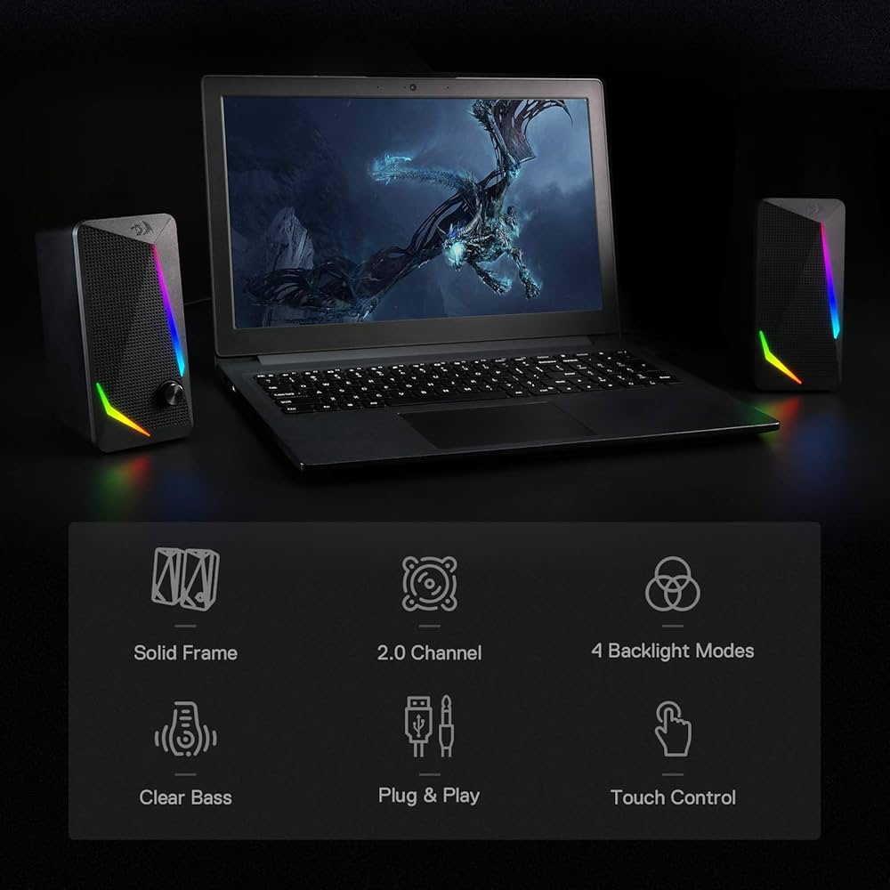 Redragon GS510 RGB Desktop Speakers, 2.0 Channel PC Computer Speaker with 4 Colorful LED Backlight Modes, Enhanced Bass and Easy-Access Volume Control, USB Powered w/ 3.5mm Cable
