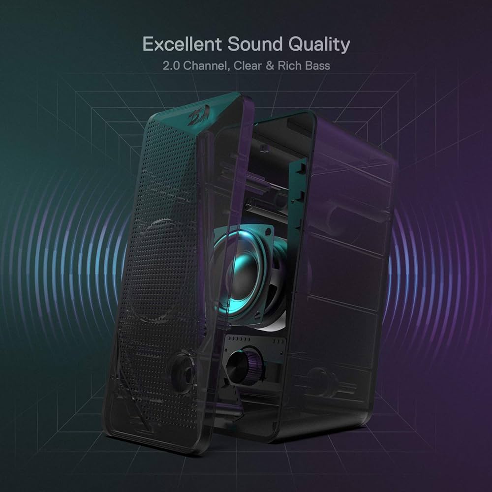 Redragon GS510 RGB Desktop Speakers, 2.0 Channel PC Computer Speaker with 4 Colorful LED Backlight Modes, Enhanced Bass and Easy-Access Volume Control, USB Powered w/ 3.5mm Cable