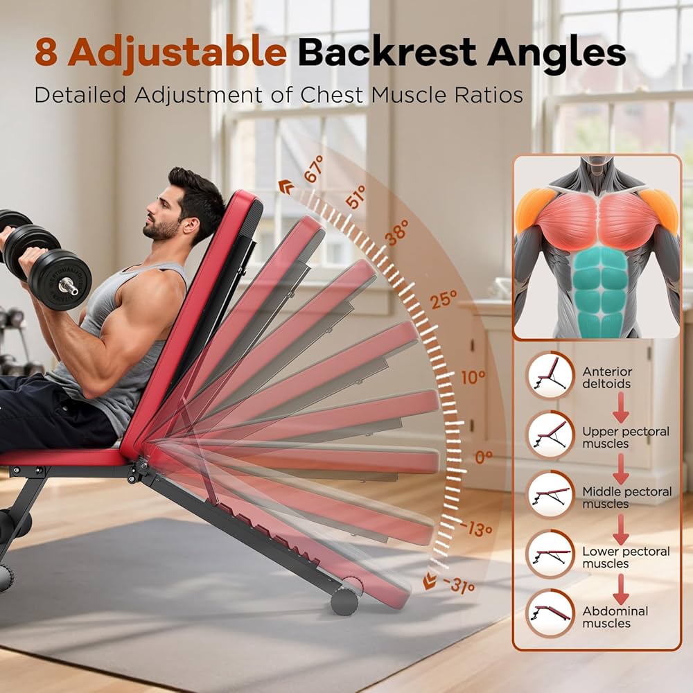 NICEPEOPLE Basic Weight Bench for Home Gym, 8 Backrests Adjustable Bench with 660LBS Weight Capacity for Chest Shoulders Arms Muscles, Foldable and Compact for Small Space Apartment Room