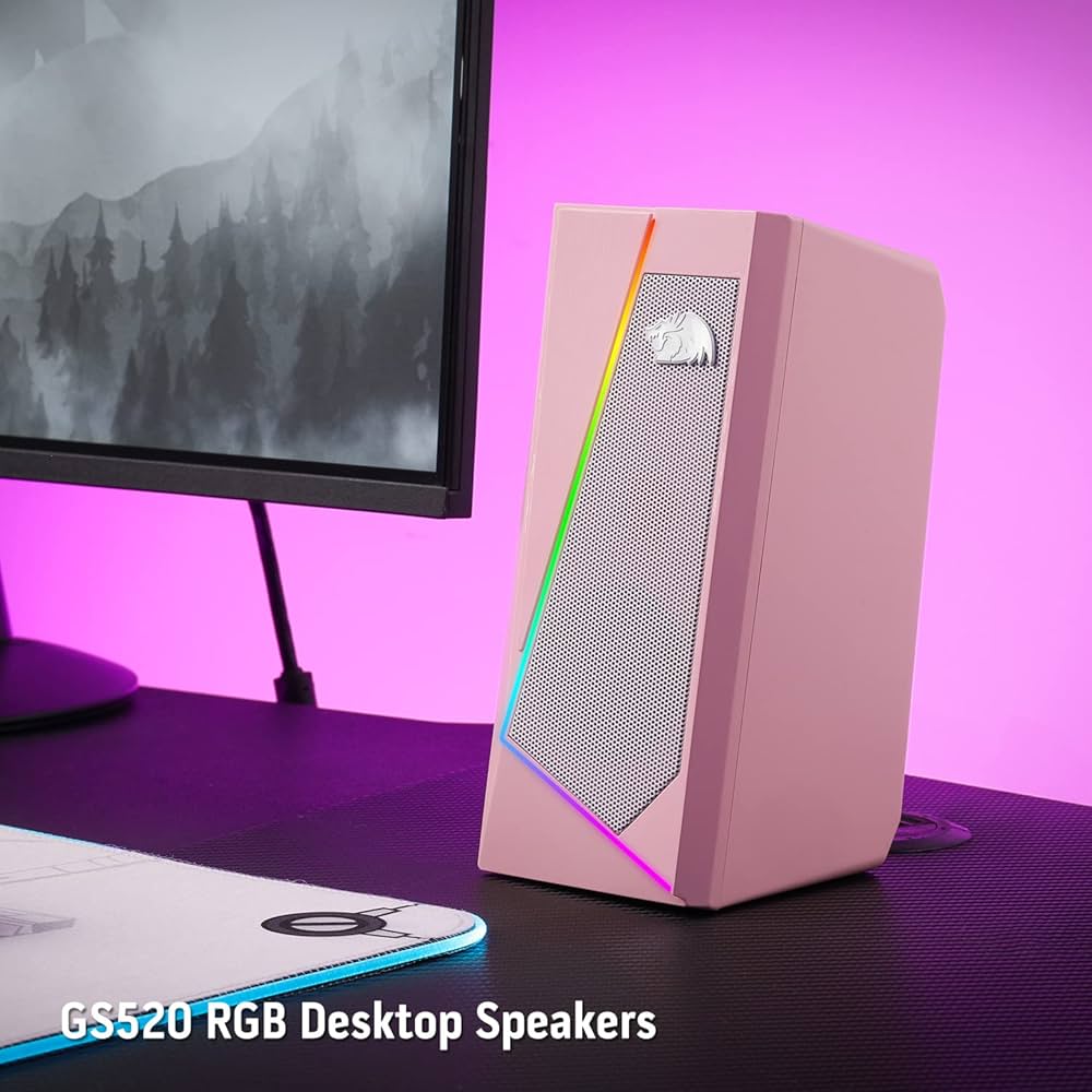 Redragon GS520 RGB Desktop Speakers, 2.0 Channel PC Computer Stereo Speaker with 6 Colorful LED Modes, Enhanced Sound and Easy-Access Volume Control, USB Powered w/ 3.5mm Cable, Pink