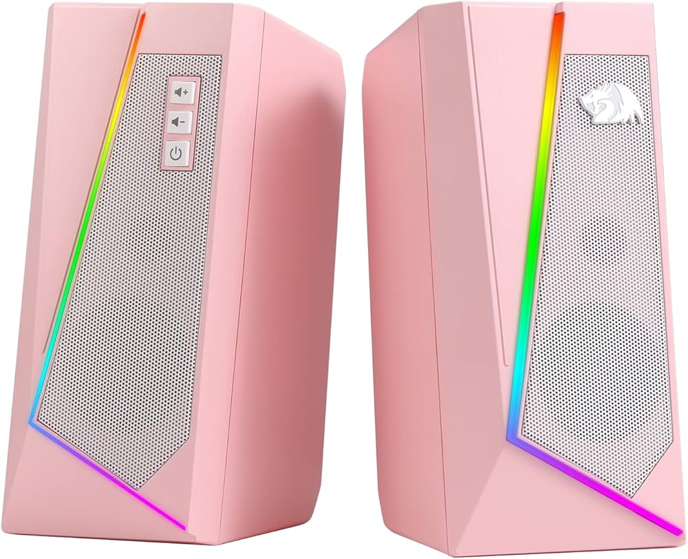 Redragon GS520 RGB Desktop Speakers, 2.0 Channel PC Computer Stereo Speaker with 6 Colorful LED Modes, Enhanced Sound and Easy-Access Volume Control, USB Powered w/ 3.5mm Cable, Pink