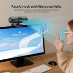 2K Windows Hello Webcam, Windows Hello Facial Recognition, 2K Camera Auto Light Correction, USB Webcam with Microphone, Wide Field of View, Privacy Cover, Works with Microsoft Teams, Zoom, Google Meet