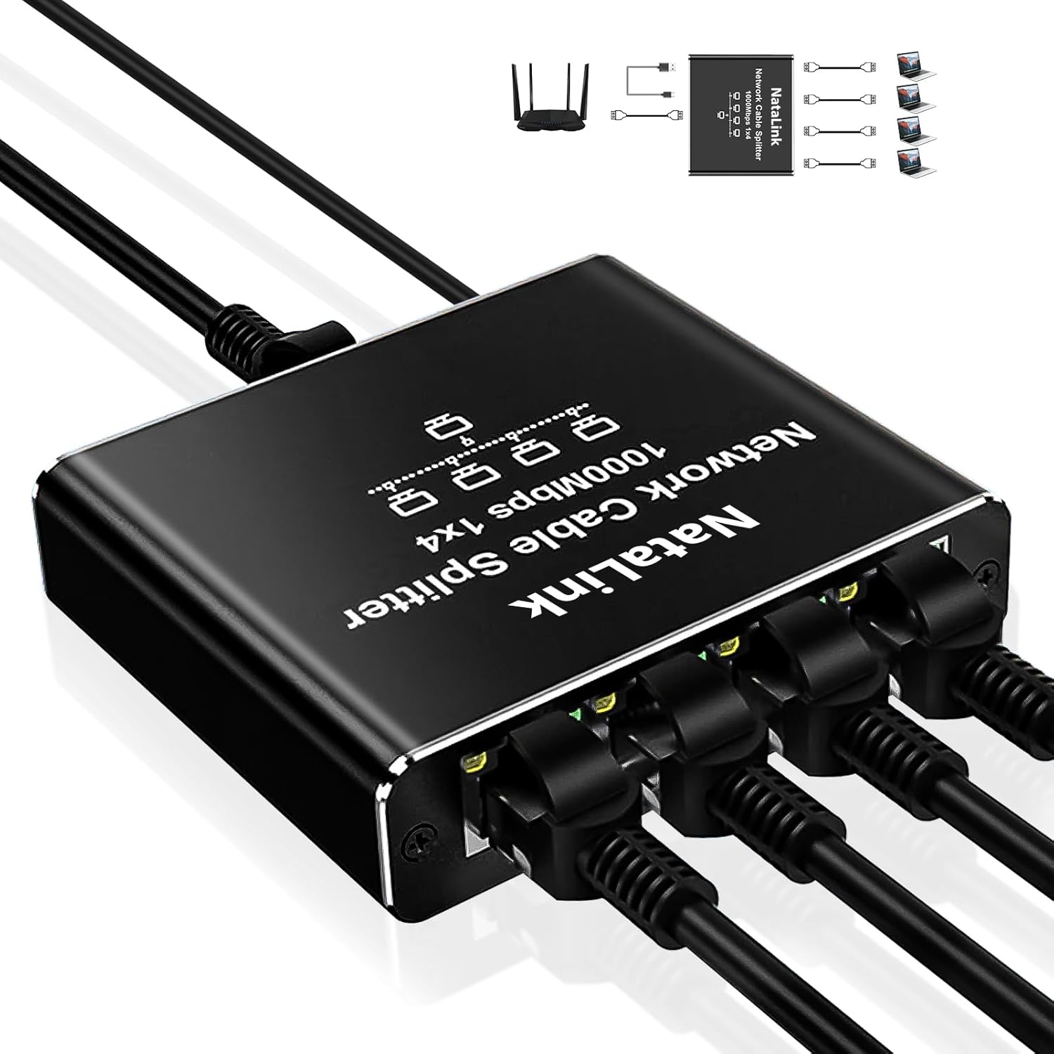 Ethernet Splitter 1 to 4 Network Cable Splitter 1000Mbps High Speed RJ45 Internet Splitter Adapter with USB Power Cable for Cat 5/5e/6/7/8 Cable