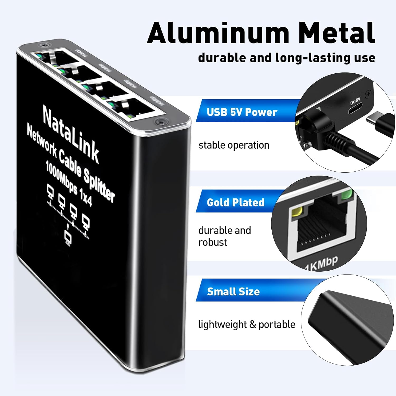 Ethernet Splitter 1 to 4 Network Cable Splitter 1000Mbps High Speed RJ45 Internet Splitter Adapter with USB Power Cable for Cat 5/5e/6/7/8 Cable