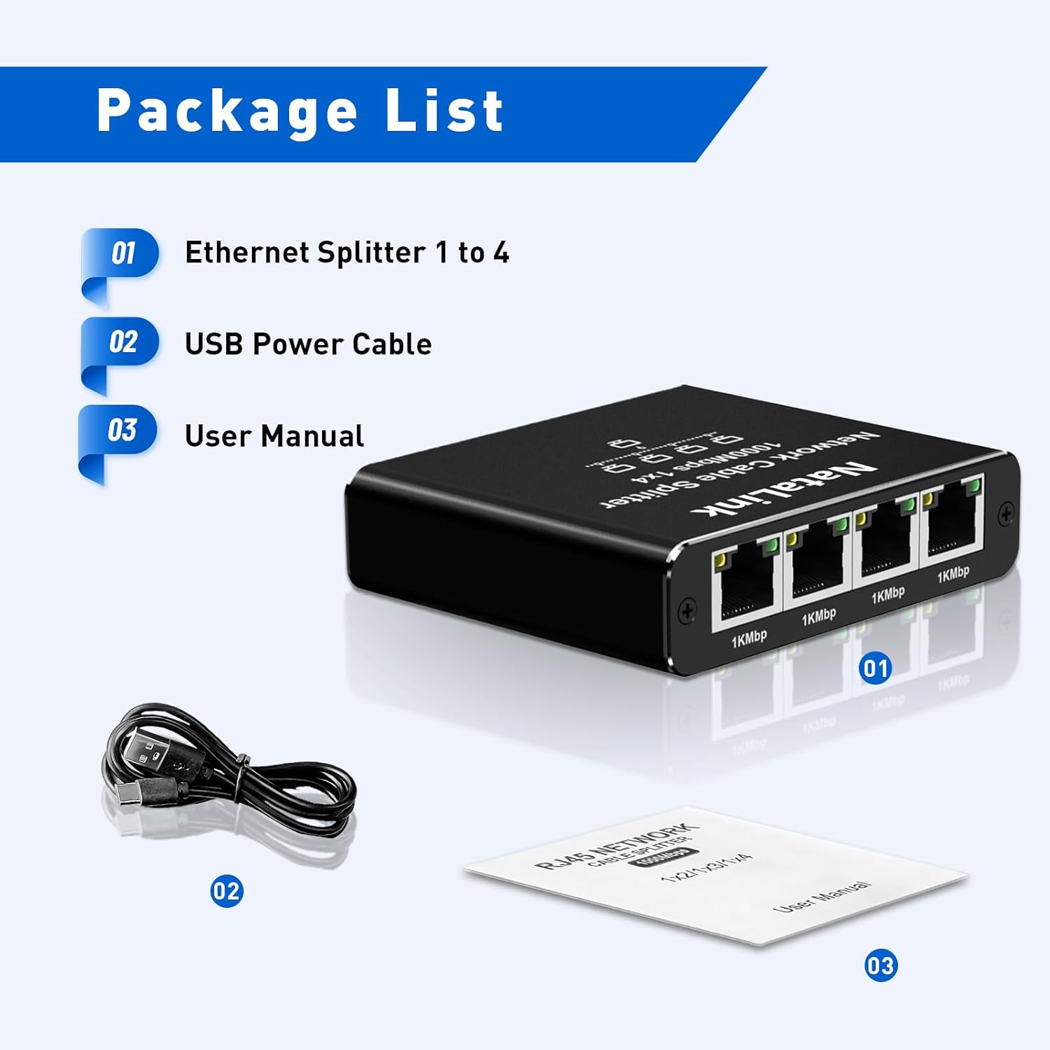 Ethernet Splitter 1 to 4 Network Cable Splitter 1000Mbps High Speed RJ45 Internet Splitter Adapter with USB Power Cable for Cat 5/5e/6/7/8 Cable