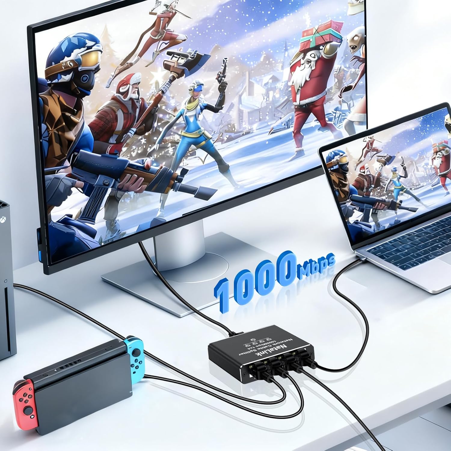 Ethernet Splitter 1 to 4 Network Cable Splitter 1000Mbps High Speed RJ45 Internet Splitter Adapter with USB Power Cable for Cat 5/5e/6/7/8 Cable