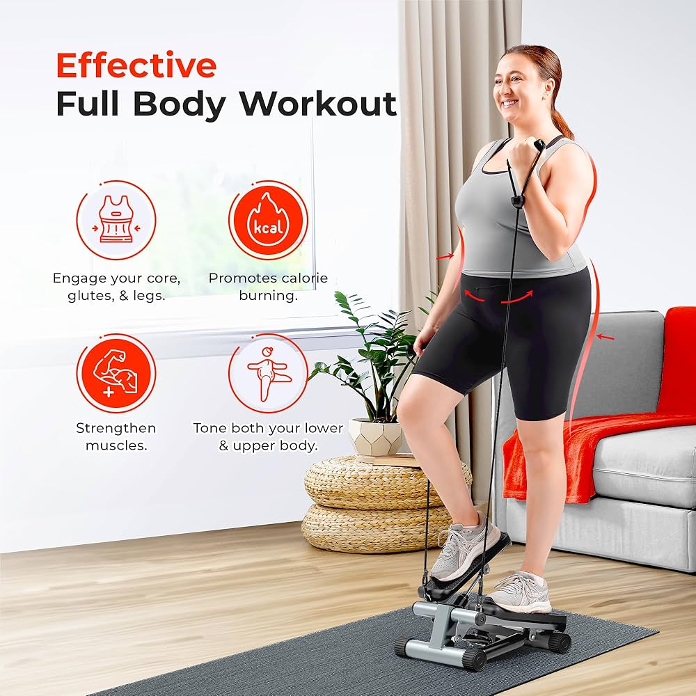 Sunny Health & Fitness Mini Stepper for Exercise at Home, Stair Step Workout Machine with Resistance Band and Over 300lb Weight Capacity, Optional Twist Motion and Free SunnyFit App Connection