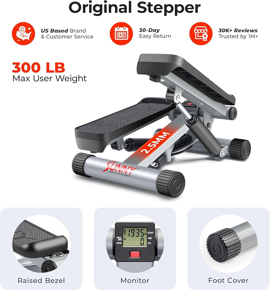 Sunny Health & Fitness Mini Stepper for Exercise at Home, Stair Step Workout Machine with Resistance Band and Over 300lb Weight Capacity, Optional Twist Motion and Free SunnyFit App Connection