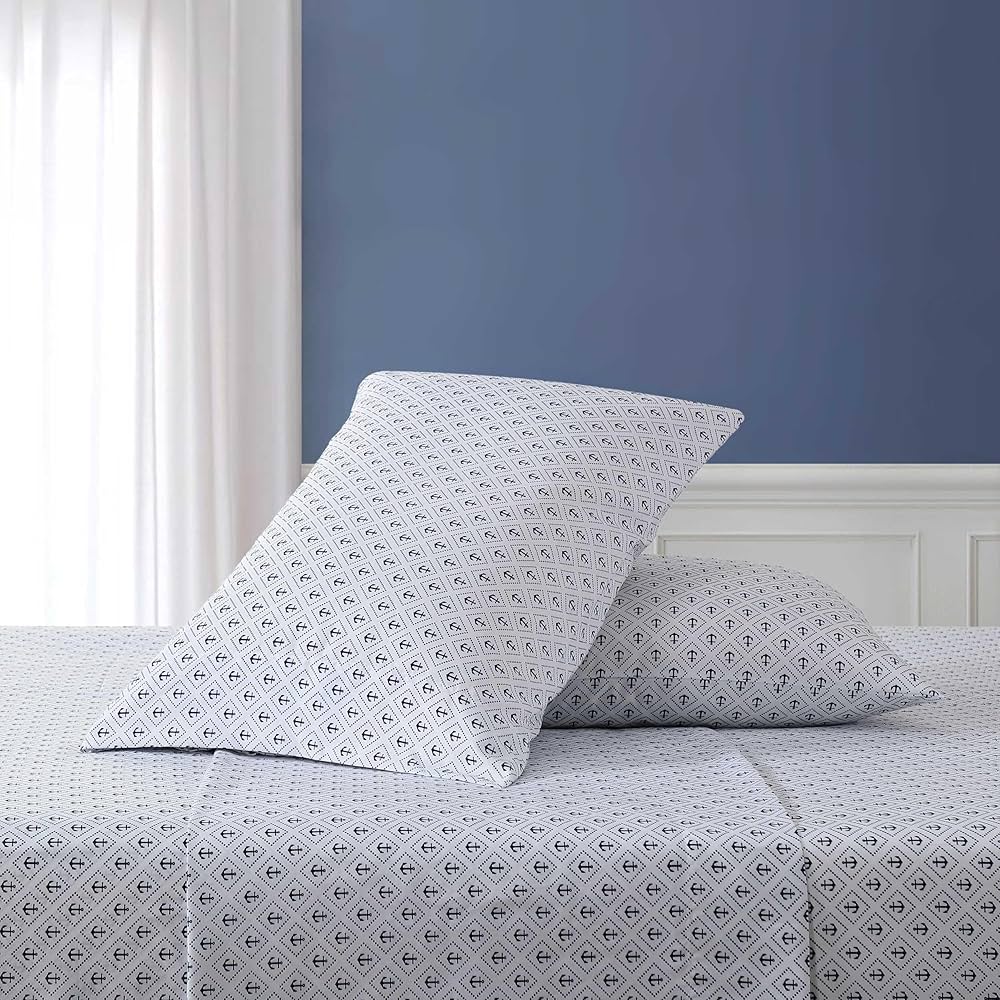 Nautica – Twin XL Size Sheet Set, Crisp & Cool Bedding with a Light and Breathable Feel, 3 Piece Bed Sheets with Deep Pocket Fitted Sheet & Matching Pillowcase (Diamond Anchor Blue)