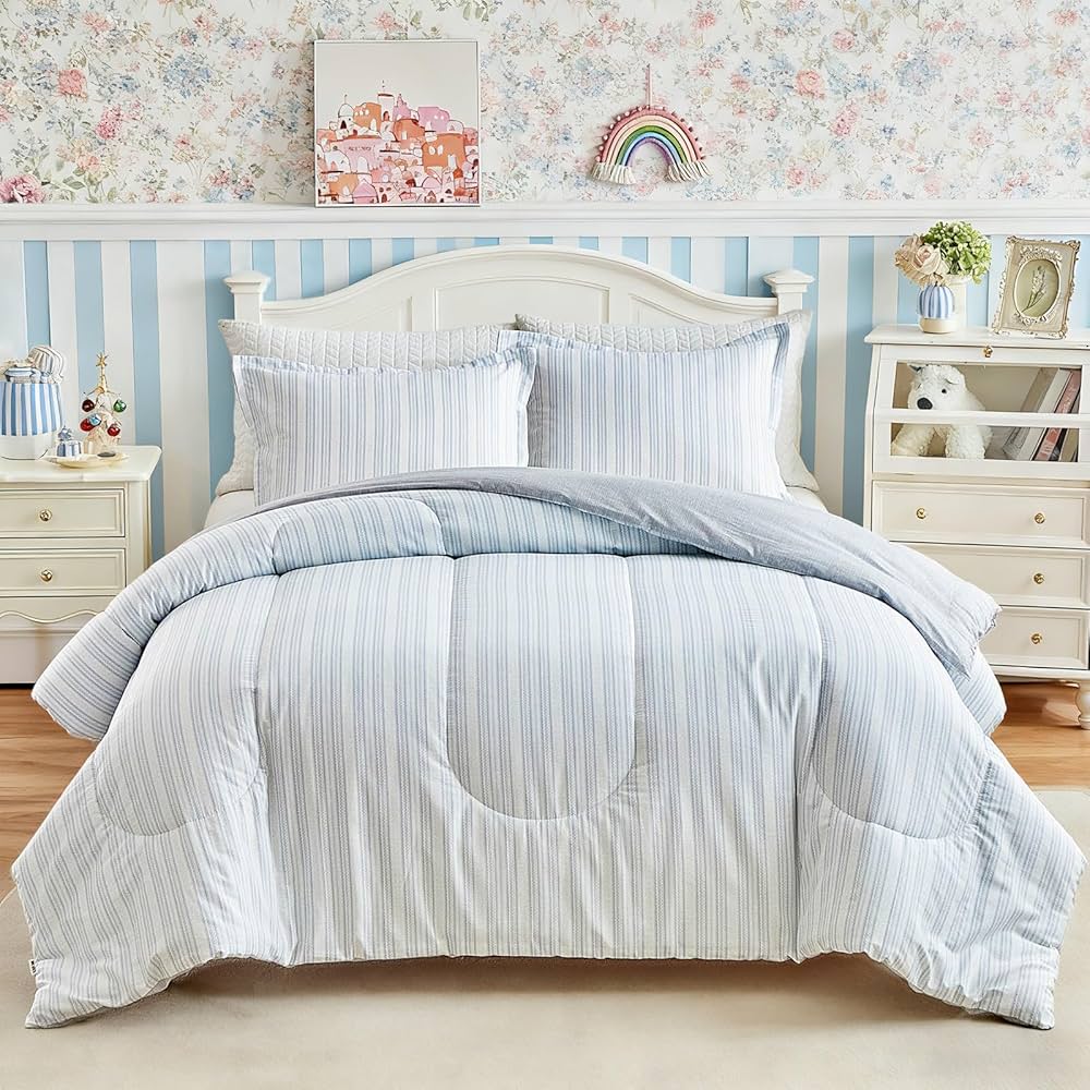 Joyreap 3pcs Cotton Comforter Set Queen, Light Blue Stripes Stylish Design, Soft Cozy Lightweight Bedding Comforter Set for All Seasons- 88×88 inches