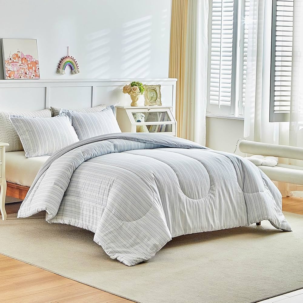 Joyreap 3pcs Cotton Comforter Set Queen, Light Blue Stripes Stylish Design, Soft Cozy Lightweight Bedding Comforter Set for All Seasons- 88×88 inches