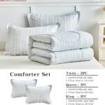 Joyreap 3pcs Cotton Comforter Set Queen, Light Blue Stripes Stylish Design, Soft Cozy Lightweight Bedding Comforter Set for All Seasons- 88×88 inches