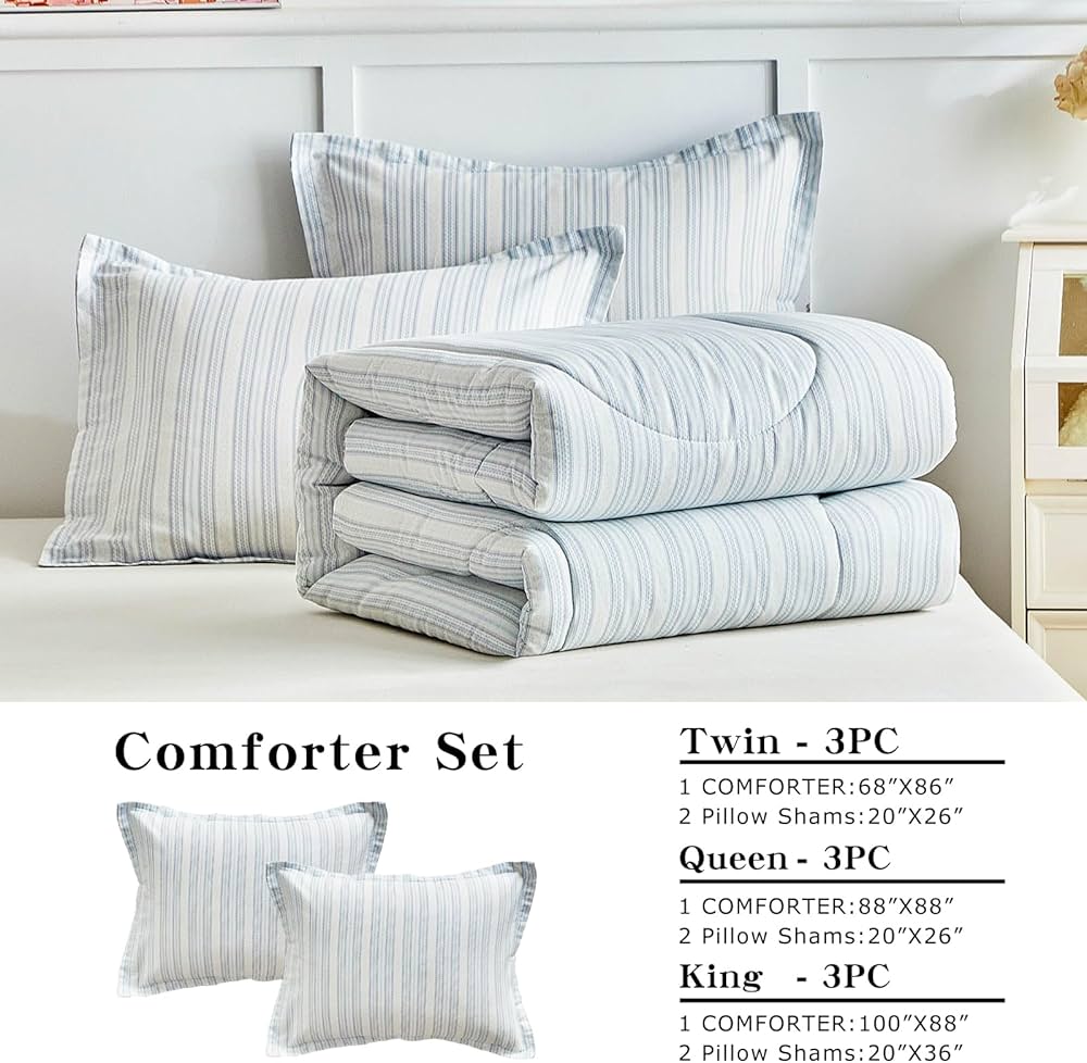 Joyreap 3pcs Cotton Comforter Set Queen, Light Blue Stripes Stylish Design, Soft Cozy Lightweight Bedding Comforter Set for All Seasons- 88×88 inches