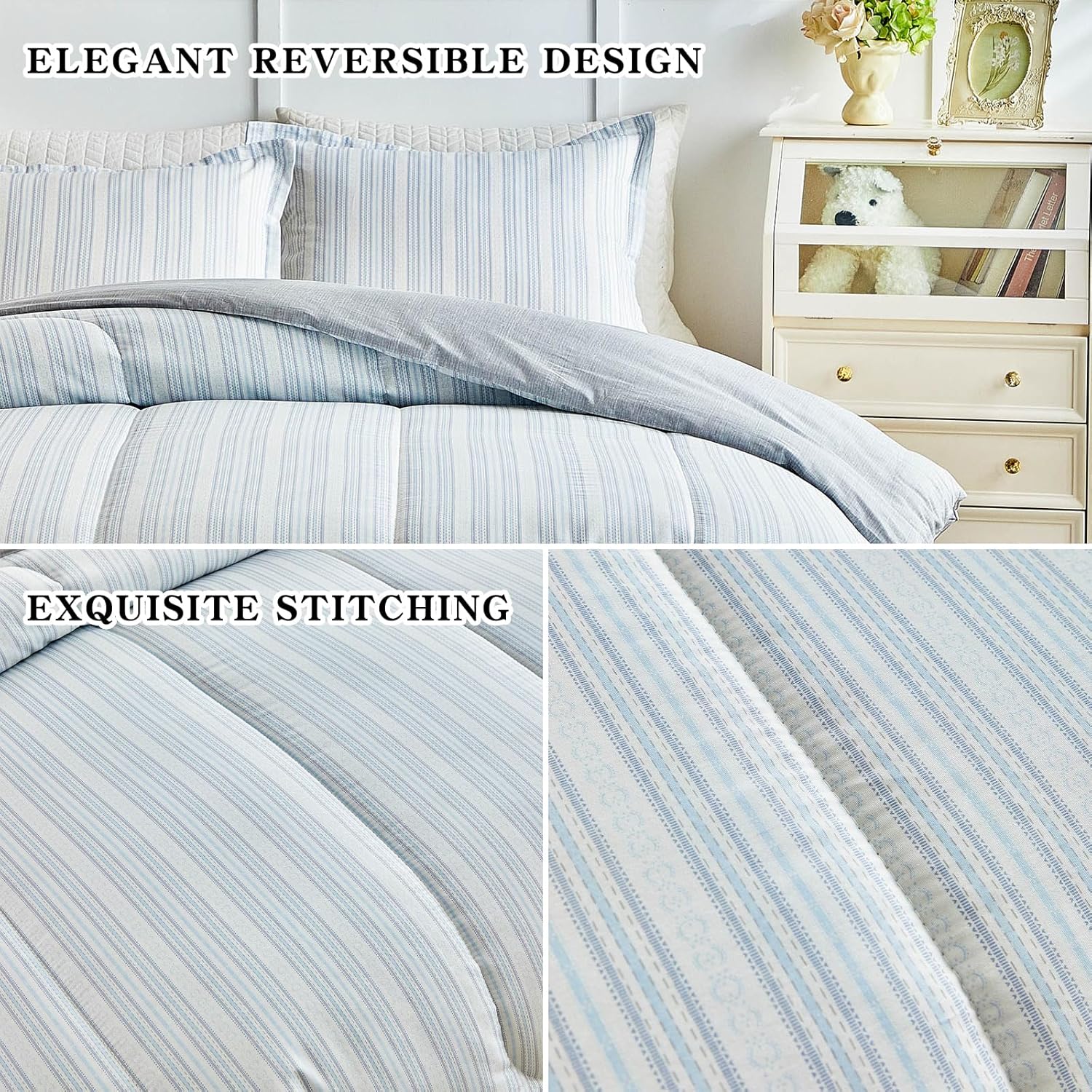 Joyreap 3pcs Cotton Comforter Set Queen, Light Blue Stripes Stylish Design, Soft Cozy Lightweight Bedding Comforter Set for All Seasons- 88×88 inches