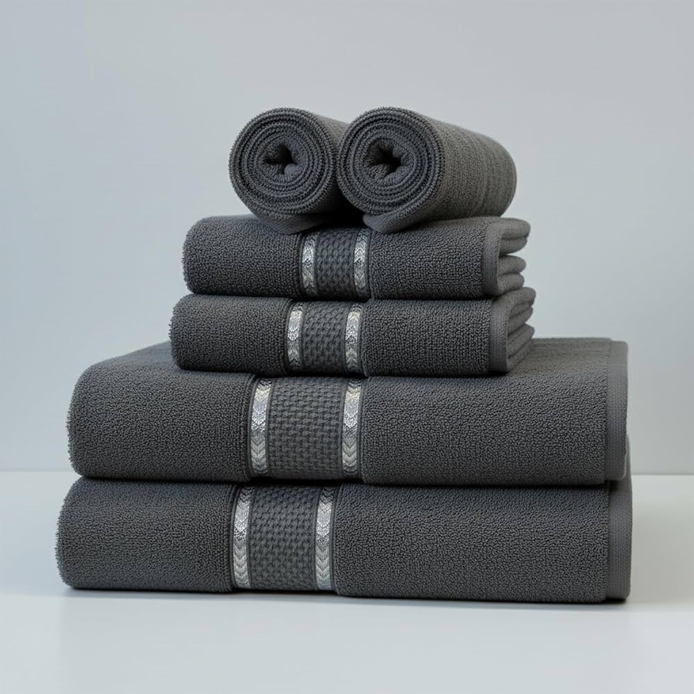 SKY BEDDINGS Premium 6-Piece Towel Set – 600 GSM 100% Cotton, Soft & Highly Absorbent Towels for Bathroom, Hotel & Spa – Includes 2 Bath Towels, 2 Hand Towels, and 2 Washcloths – Dark Grey