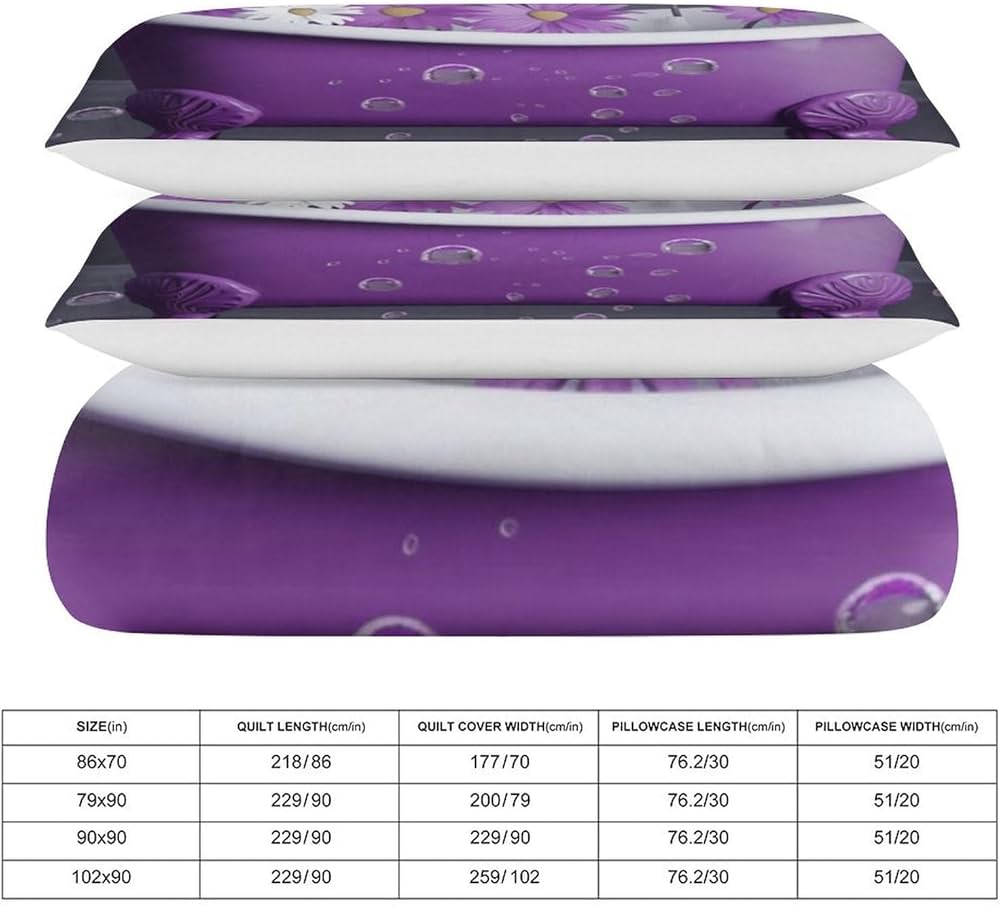 Purple Bathtub and Daisy Comforter Set, Soft Bedding Set with 1 Comforter Cover & 2 Pillowcases, Breathable 3 Piece Bedding Sets for Home, Hotel, Gift, 86″x70″