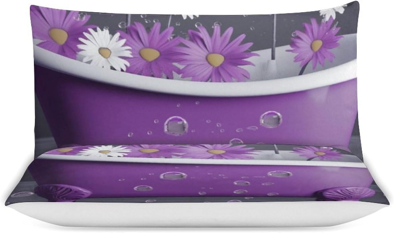 Purple Bathtub and Daisy Comforter Set, Soft Bedding Set with 1 Comforter Cover & 2 Pillowcases, Breathable 3 Piece Bedding Sets for Home, Hotel, Gift, 86″x70″