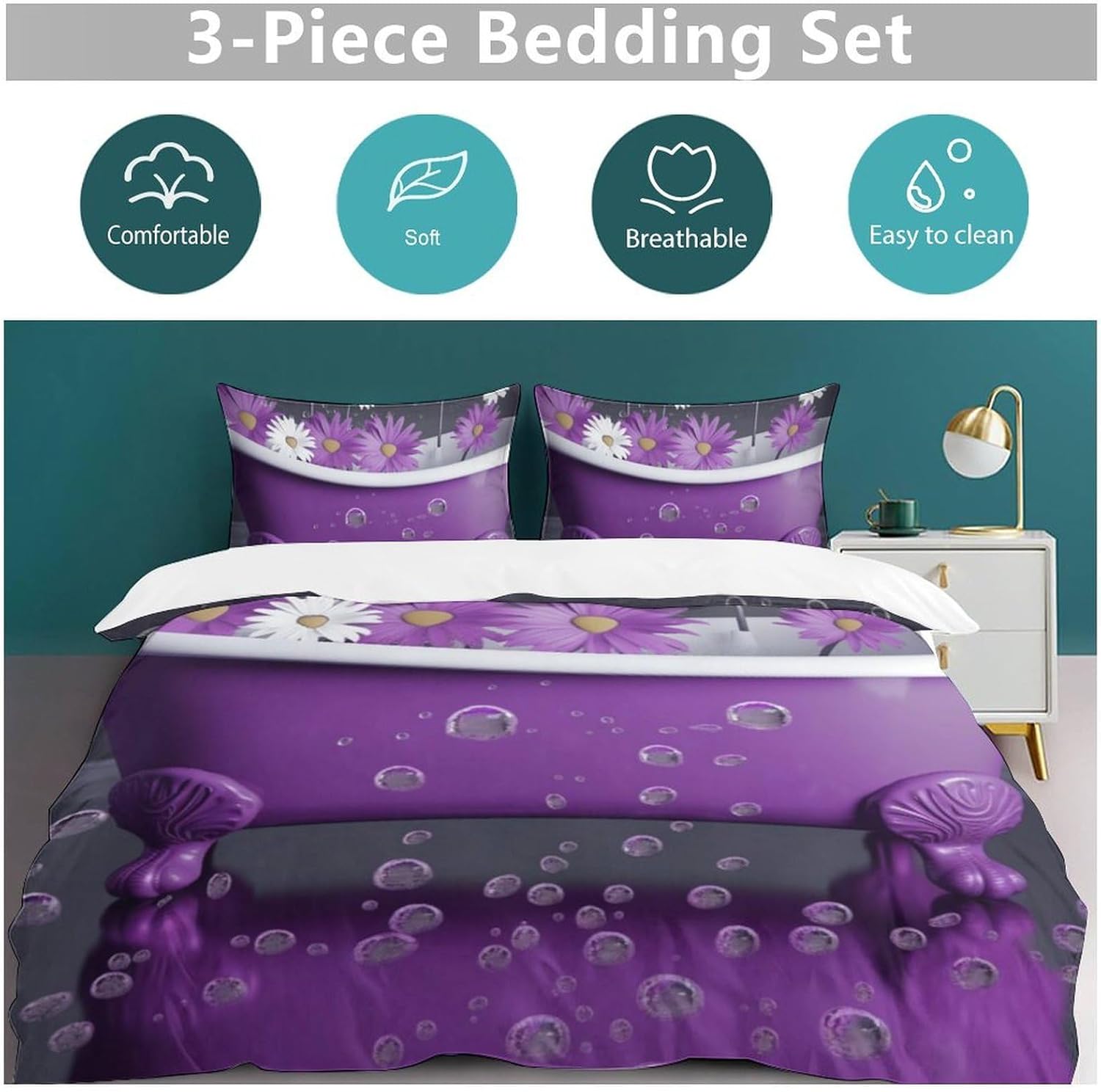 Purple Bathtub and Daisy Comforter Set, Soft Bedding Set with 1 Comforter Cover & 2 Pillowcases, Breathable 3 Piece Bedding Sets for Home, Hotel, Gift, 86″x70″