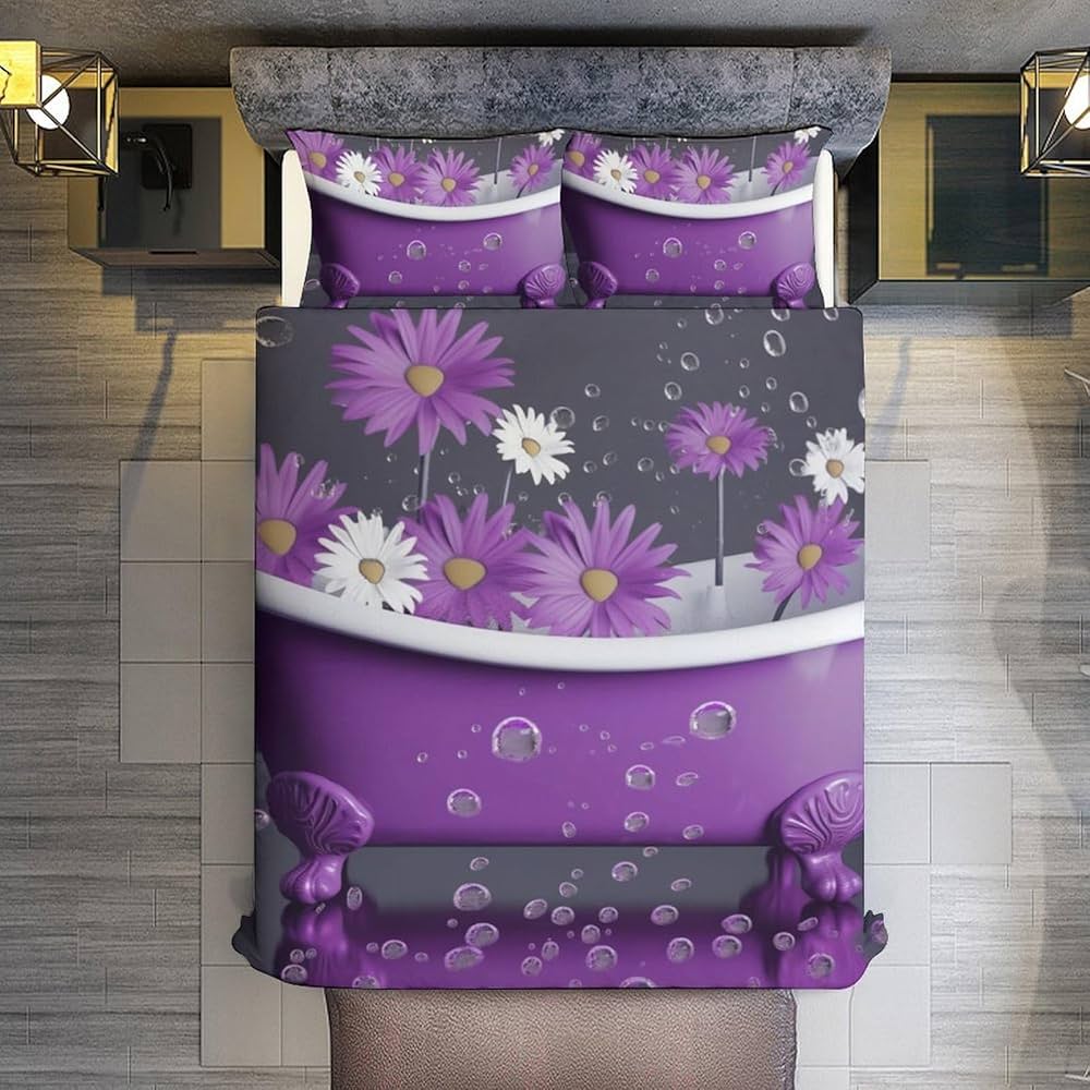 Purple Bathtub and Daisy Comforter Set, Soft Bedding Set with 1 Comforter Cover & 2 Pillowcases, Breathable 3 Piece Bedding Sets for Home, Hotel, Gift, 86″x70″