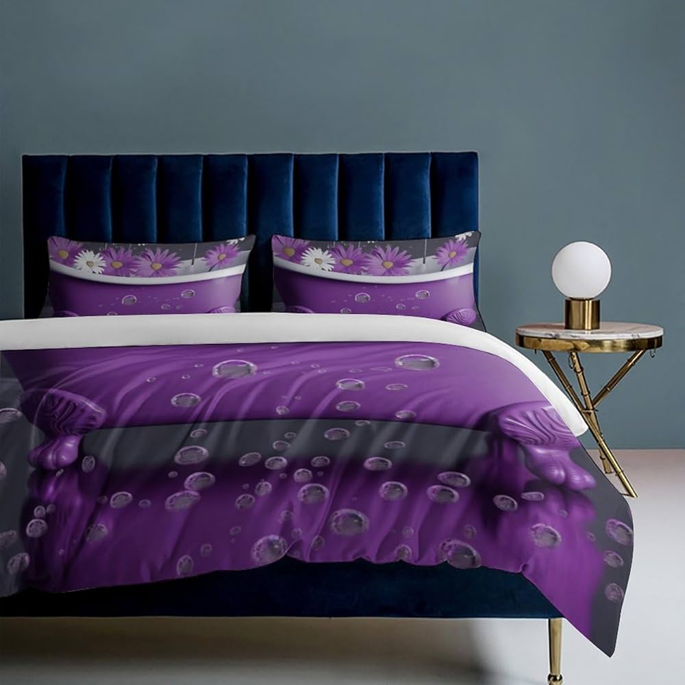 Purple Bathtub and Daisy Comforter Set, Soft Bedding Set with 1 Comforter Cover & 2 Pillowcases, Breathable 3 Piece Bedding Sets for Home, Hotel, Gift, 86″x70″