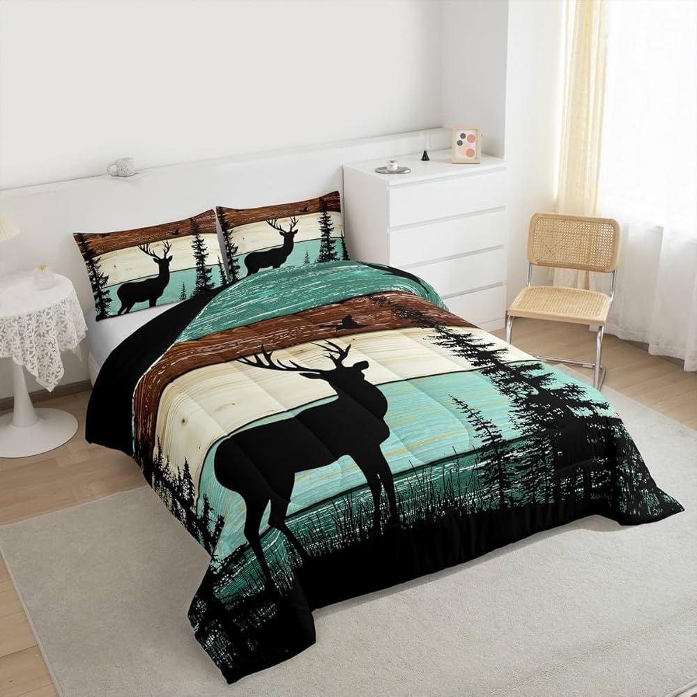 Deer Hunting Bedding Set,Rustic Farmhouse Comforter Set Queen Size,Country Lodge Cabin Quilt for Kids Boys Men Women,Woodland Mountain Tree Duvet Insert Vintage Barn Door Home Decor,Turquoise Brown