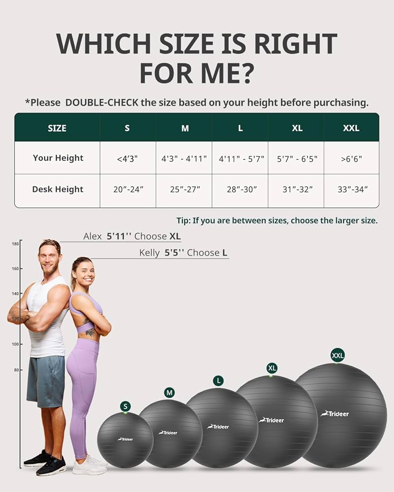 Trideer Exercise Ball for Yoga, Pilates & Fitness – Stability Ball Equipment for Home Gym & Office Chair, Core & Balance Training Accessories, Physical Therapy Equipment, Quick Pump Included, 5 Sizes
