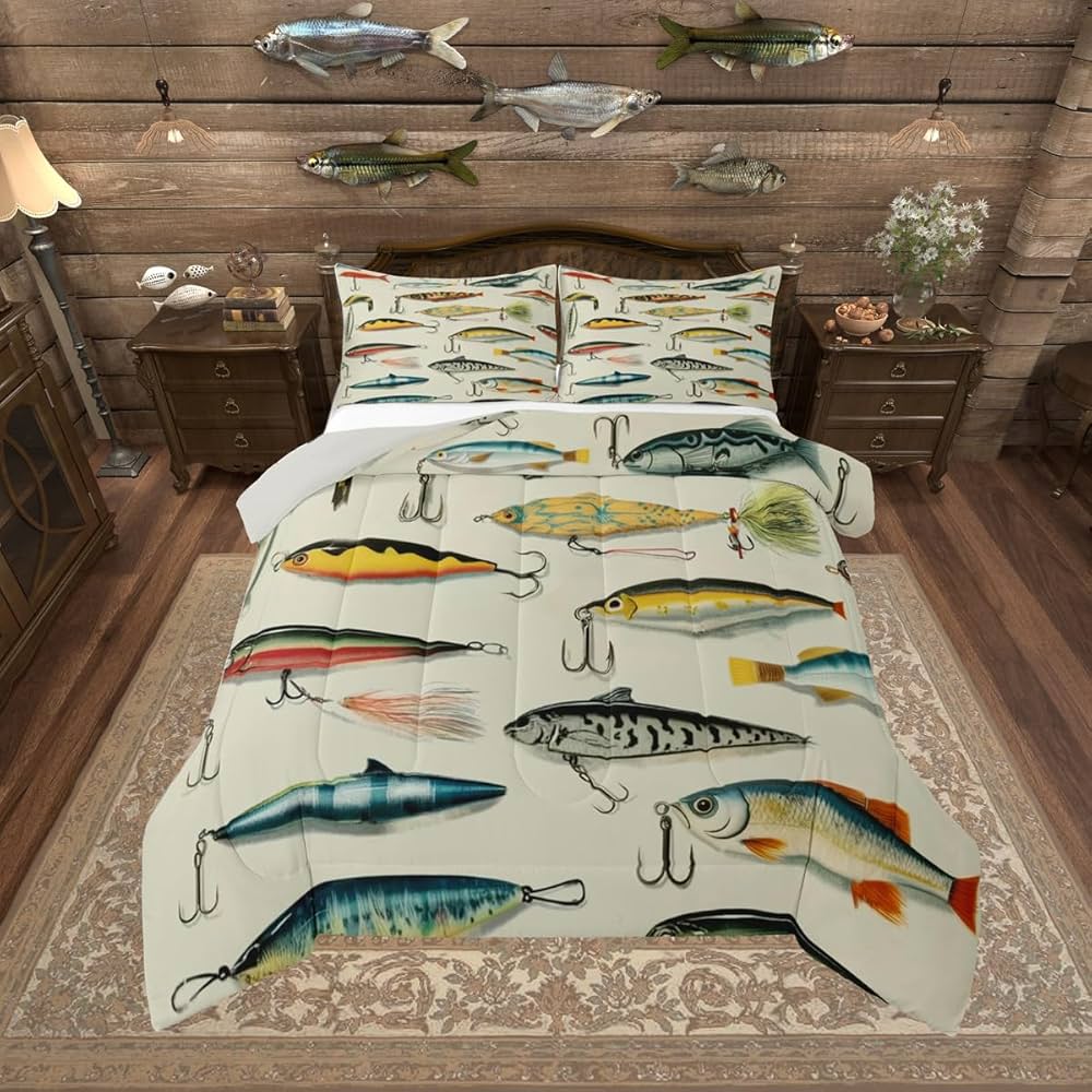 Erosebridal Big Bass Pike Fish Full Comforter Set, Hunting and Fishing Bedding Set Fishing Comforter for Kids Boys Teens Men Rustic Cabin Lake House Decor, Sea Animal Quilt, 2 Pillowcases