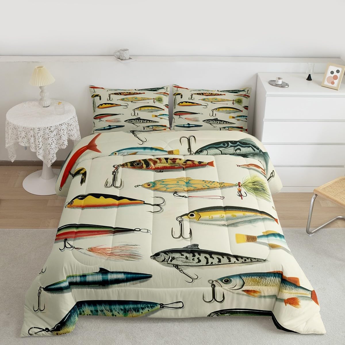 Erosebridal Big Bass Pike Fish Full Comforter Set, Hunting and Fishing Bedding Set Fishing Comforter for Kids Boys Teens Men Rustic Cabin Lake House Decor, Sea Animal Quilt, 2 Pillowcases