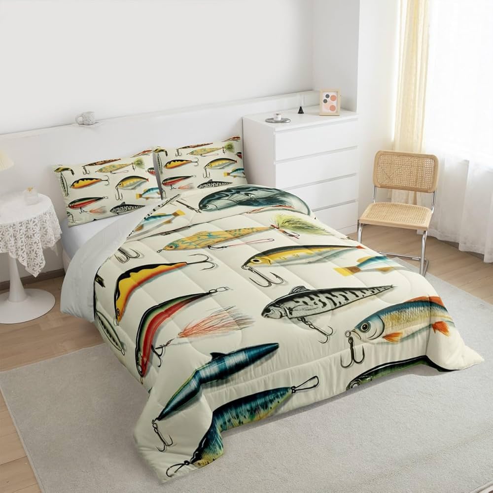 Erosebridal Big Bass Pike Fish Full Comforter Set, Hunting and Fishing Bedding Set Fishing Comforter for Kids Boys Teens Men Rustic Cabin Lake House Decor, Sea Animal Quilt, 2 Pillowcases