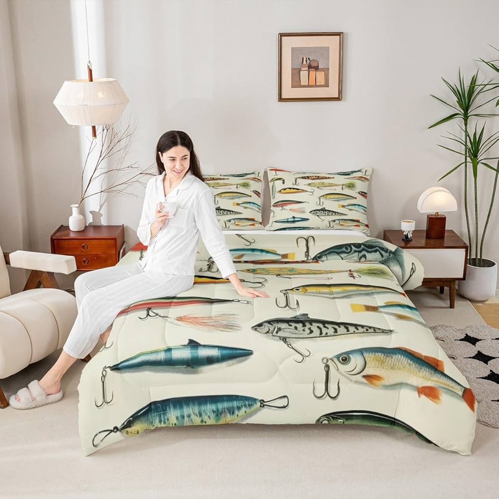 Erosebridal Big Bass Pike Fish Full Comforter Set, Hunting and Fishing Bedding Set Fishing Comforter for Kids Boys Teens Men Rustic Cabin Lake House Decor, Sea Animal Quilt, 2 Pillowcases