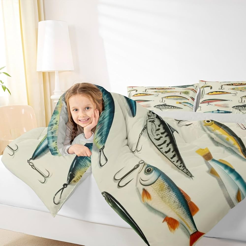 Erosebridal Big Bass Pike Fish Full Comforter Set, Hunting and Fishing Bedding Set Fishing Comforter for Kids Boys Teens Men Rustic Cabin Lake House Decor, Sea Animal Quilt, 2 Pillowcases
