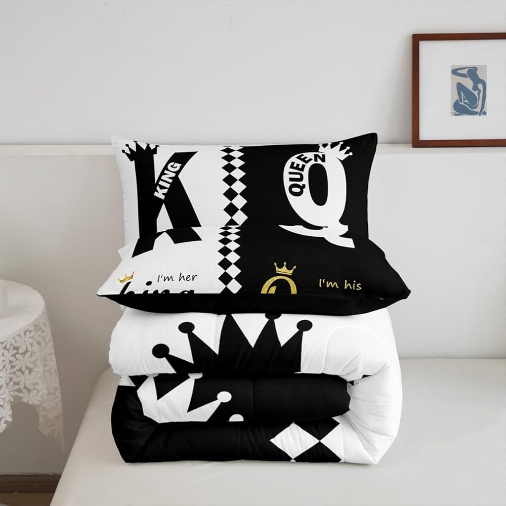 Erosebridal Lovers Black White Gold His Her Couple Bedding Set Queen Size, Romantic King and Queen Crown Comforter Valentine’s Day Wedding Gifts Comforter Set, Love Heart Arrow Duvet Insert