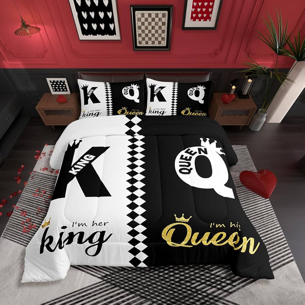 Erosebridal Lovers Black White Gold His Her Couple Bedding Set Queen Size, Romantic King and Queen Crown Comforter Valentine’s Day Wedding Gifts Comforter Set, Love Heart Arrow Duvet Insert