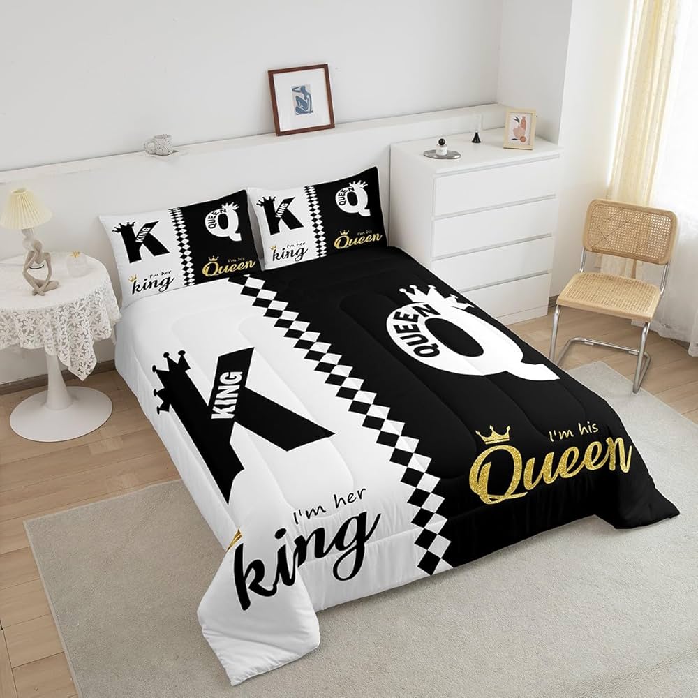 Erosebridal Lovers Black White Gold His Her Couple Bedding Set Queen Size, Romantic King and Queen Crown Comforter Valentine’s Day Wedding Gifts Comforter Set, Love Heart Arrow Duvet Insert