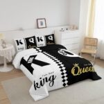Erosebridal Lovers Black White Gold His Her Couple Bedding Set Queen Size, Romantic King and Queen Crown Comforter Valentine’s Day Wedding Gifts Comforter Set, Love Heart Arrow Duvet Insert