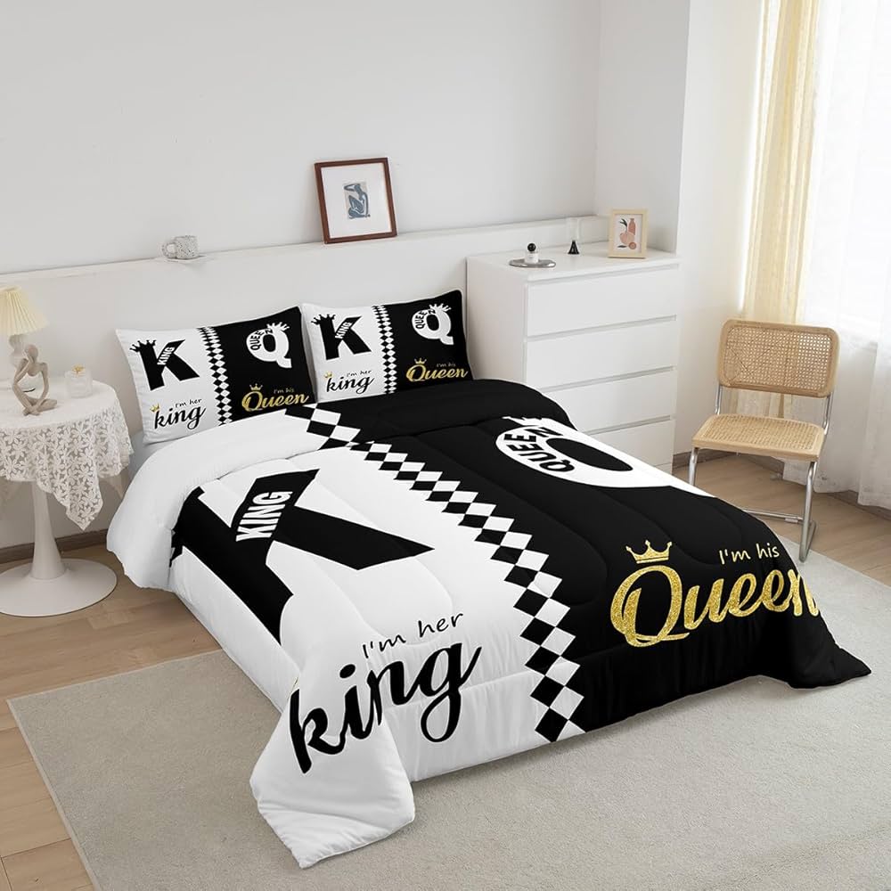 Erosebridal Lovers Black White Gold His Her Couple Bedding Set Queen Size, Romantic King and Queen Crown Comforter Valentine’s Day Wedding Gifts Comforter Set, Love Heart Arrow Duvet Insert