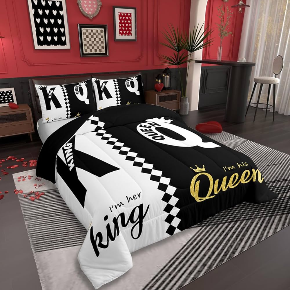 Erosebridal Lovers Black White Gold His Her Couple Bedding Set Queen Size, Romantic King and Queen Crown Comforter Valentine’s Day Wedding Gifts Comforter Set, Love Heart Arrow Duvet Insert