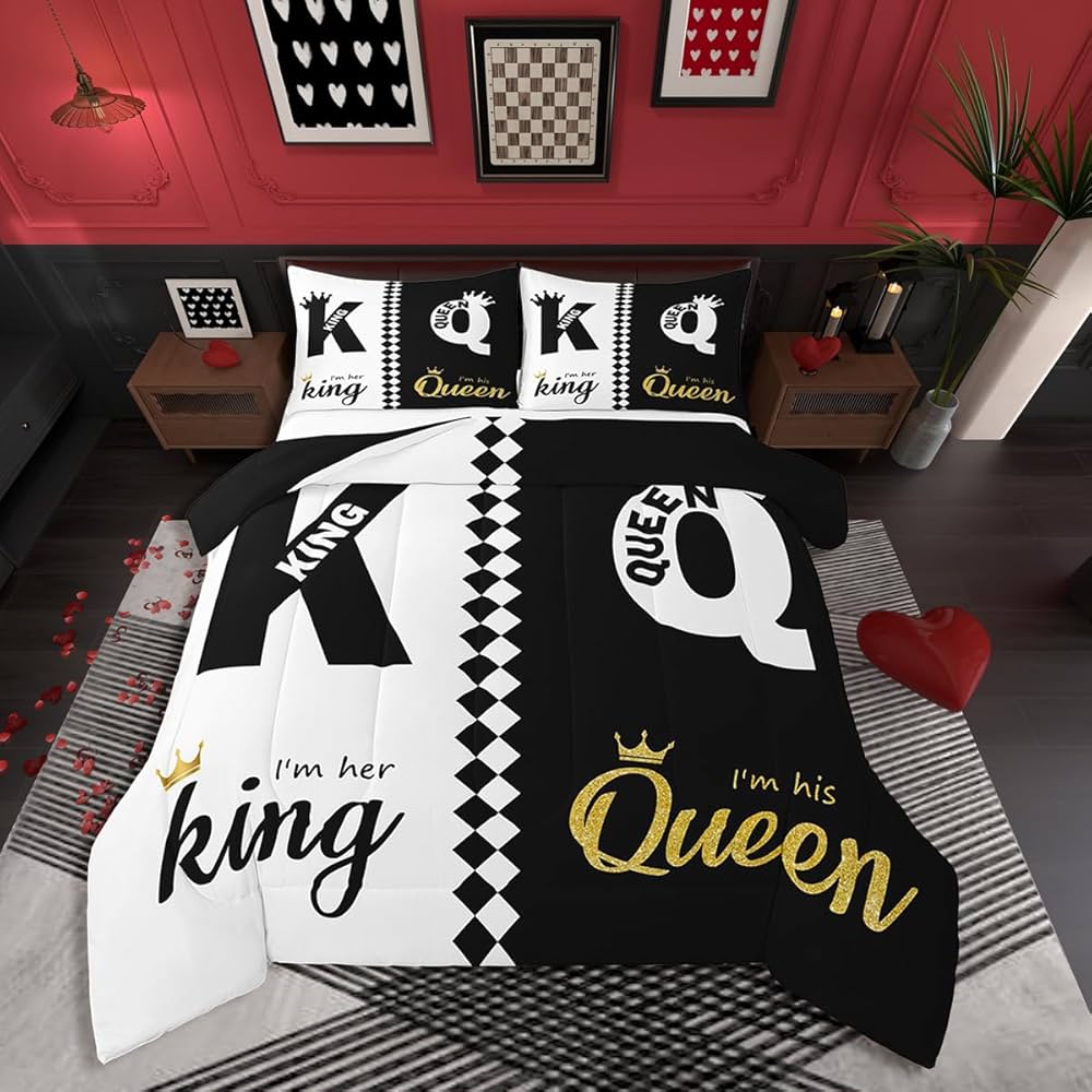 Erosebridal Lovers Black White Gold His Her Couple Bedding Set Queen Size, Romantic King and Queen Crown Comforter Valentine’s Day Wedding Gifts Comforter Set, Love Heart Arrow Duvet Insert