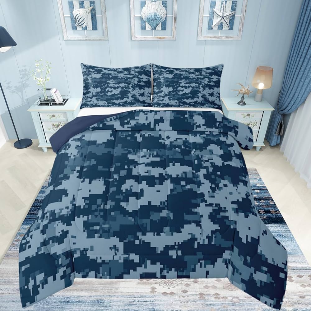 Camouflage Comforter Set Full Size,Colorful Pattern Style Camo Duvet Sets for Kids Teens Adults Bedroom Decor,Military Style Vintage Abstract Geometric Pattern Bedding Comforter,3 Pcs,Blue