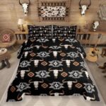 Erosebridal Bull Skull Bedding Set Boho Southwestern Comforter Set Twin,Kids Teens Adults Bohemian Geometric Western Quilt Southwest Aztec Decor,American Farmhouse Down Comforter,Black Brown