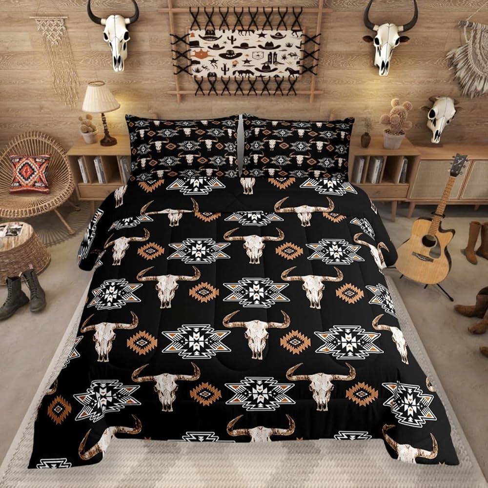 Erosebridal Bull Skull Bedding Set Boho Southwestern Comforter Set Twin,Kids Teens Adults Bohemian Geometric Western Quilt Southwest Aztec Decor,American Farmhouse Down Comforter,Black Brown