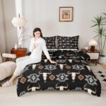 Erosebridal Bull Skull Bedding Set Boho Southwestern Comforter Set Twin,Kids Teens Adults Bohemian Geometric Western Quilt Southwest Aztec Decor,American Farmhouse Down Comforter,Black Brown