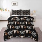 Erosebridal Bull Skull Bedding Set Boho Southwestern Comforter Set Twin,Kids Teens Adults Bohemian Geometric Western Quilt Southwest Aztec Decor,American Farmhouse Down Comforter,Black Brown
