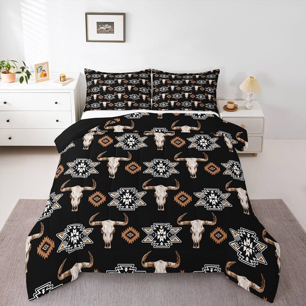 Erosebridal Bull Skull Bedding Set Boho Southwestern Comforter Set Twin,Kids Teens Adults Bohemian Geometric Western Quilt Southwest Aztec Decor,American Farmhouse Down Comforter,Black Brown
