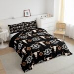 Erosebridal Bull Skull Bedding Set Boho Southwestern Comforter Set Twin,Kids Teens Adults Bohemian Geometric Western Quilt Southwest Aztec Decor,American Farmhouse Down Comforter,Black Brown