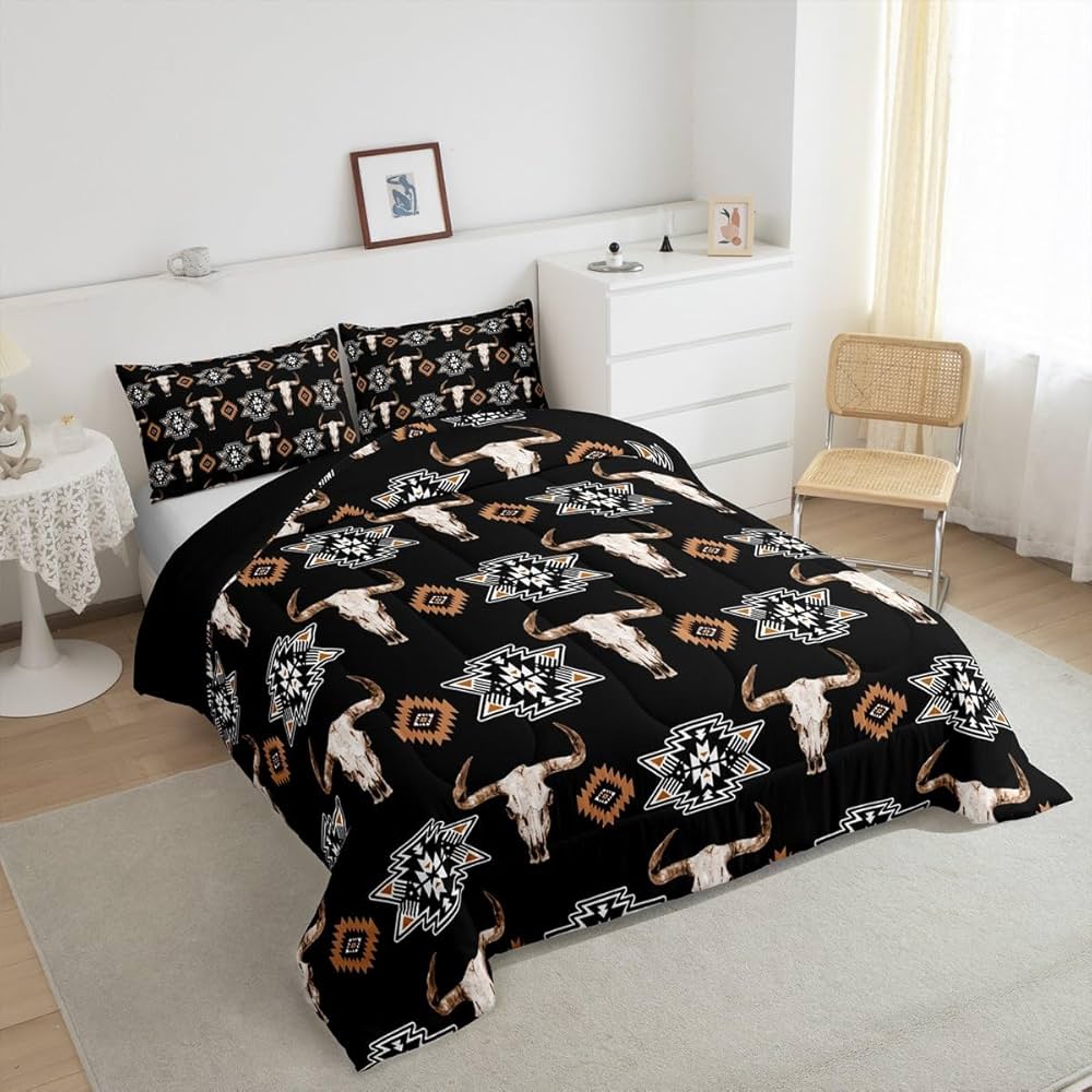 Erosebridal Bull Skull Bedding Set Boho Southwestern Comforter Set Twin,Kids Teens Adults Bohemian Geometric Western Quilt Southwest Aztec Decor,American Farmhouse Down Comforter,Black Brown