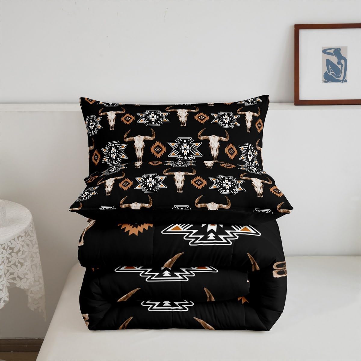 Erosebridal Bull Skull Bedding Set Boho Southwestern Comforter Set Twin,Kids Teens Adults Bohemian Geometric Western Quilt Southwest Aztec Decor,American Farmhouse Down Comforter,Black Brown