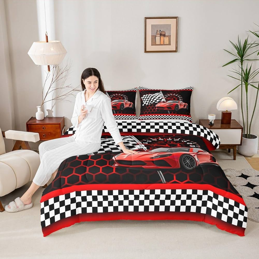 Red Race Car Comforter Set Full Size,Neon Lights Honeycomb Extreme Sports Duvet Sets for Kids Teens Adults Bedroom Decor,Black White Grid Flag Extreme Sports Microfiber Soft Bedding Comforter,3 Pcs