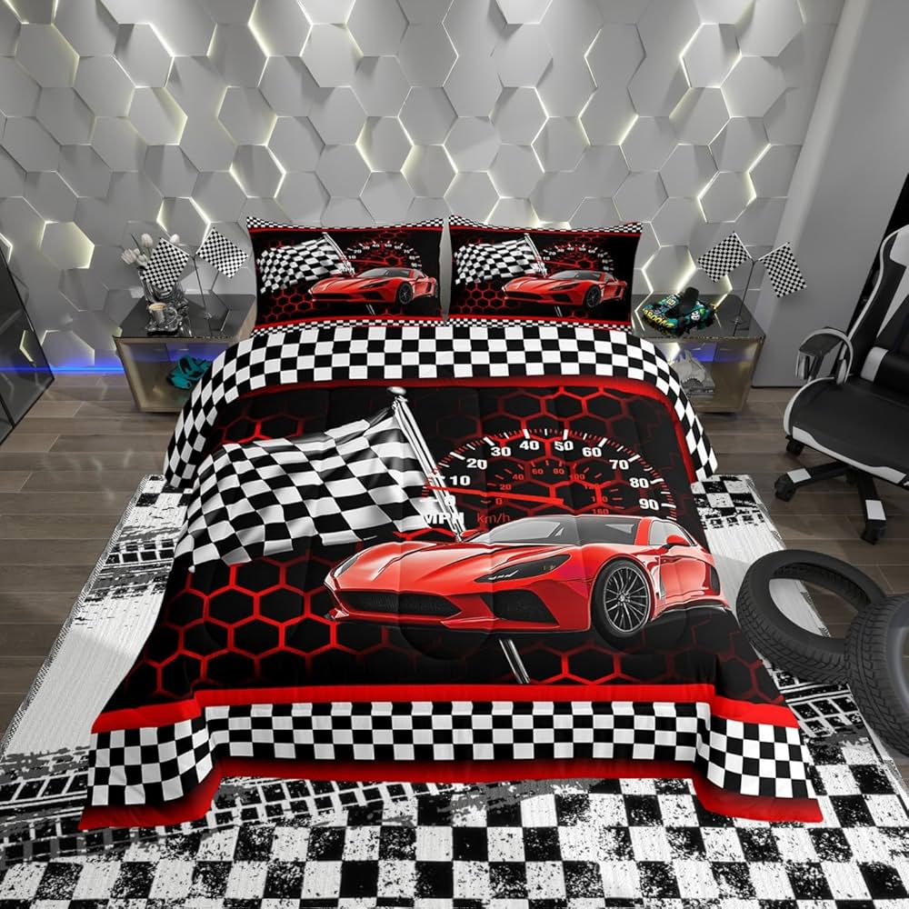 Red Race Car Comforter Set Full Size,Neon Lights Honeycomb Extreme Sports Duvet Sets for Kids Teens Adults Bedroom Decor,Black White Grid Flag Extreme Sports Microfiber Soft Bedding Comforter,3 Pcs
